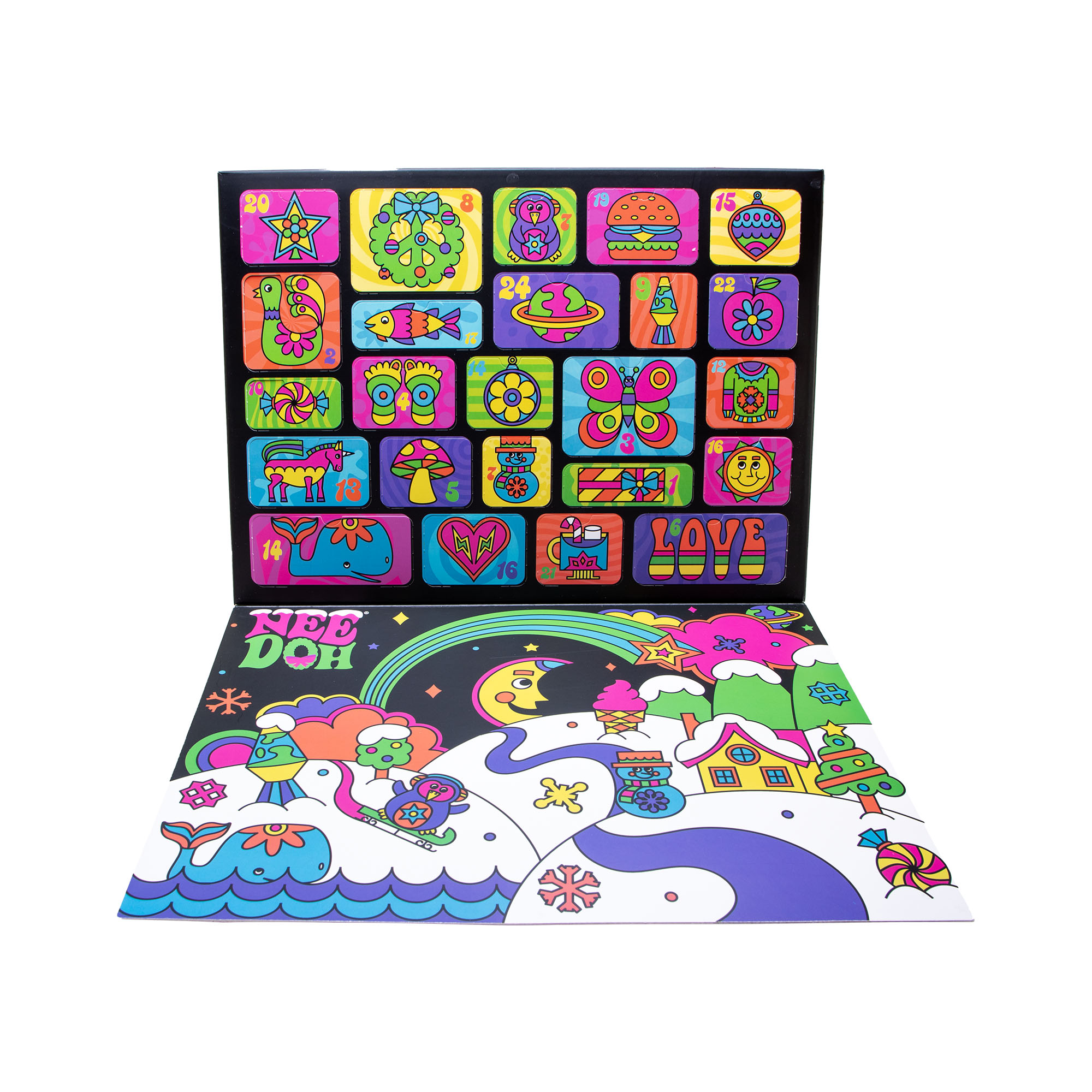 NeeDoh Advent Calendar open showing mini fidget toys