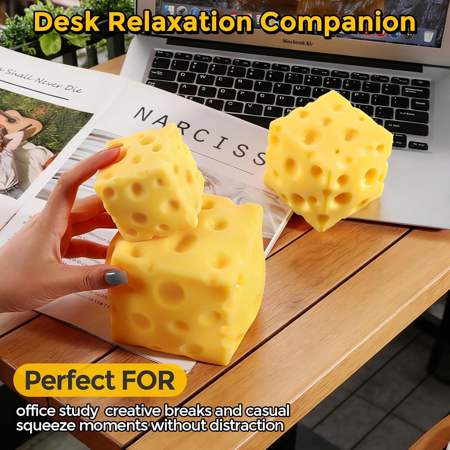 Yellow cheese-shaped squishy fidget close up