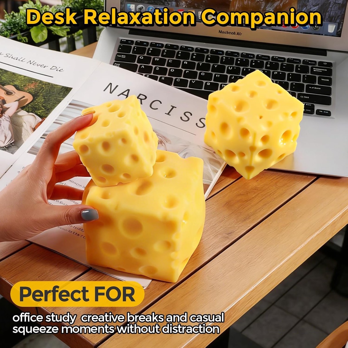 Yellow cheese-shaped squishy fidget close up