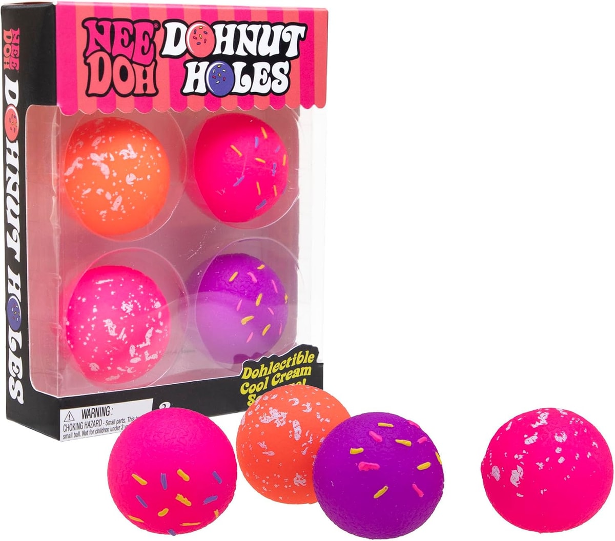 NeeDoh Dohnut Holes — four-pack packaging and assorted colors