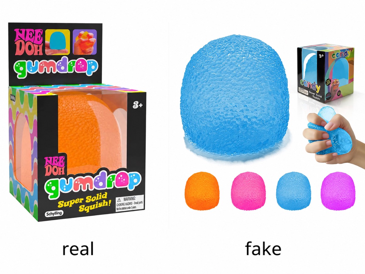 A real NeeDoh Gumdrop box with Schylling branding next to an unofficial candy-branded lookalike