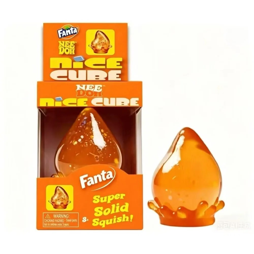 NeeDoh Fanta style orange Nice Cube box with a teardrop squishy beside it