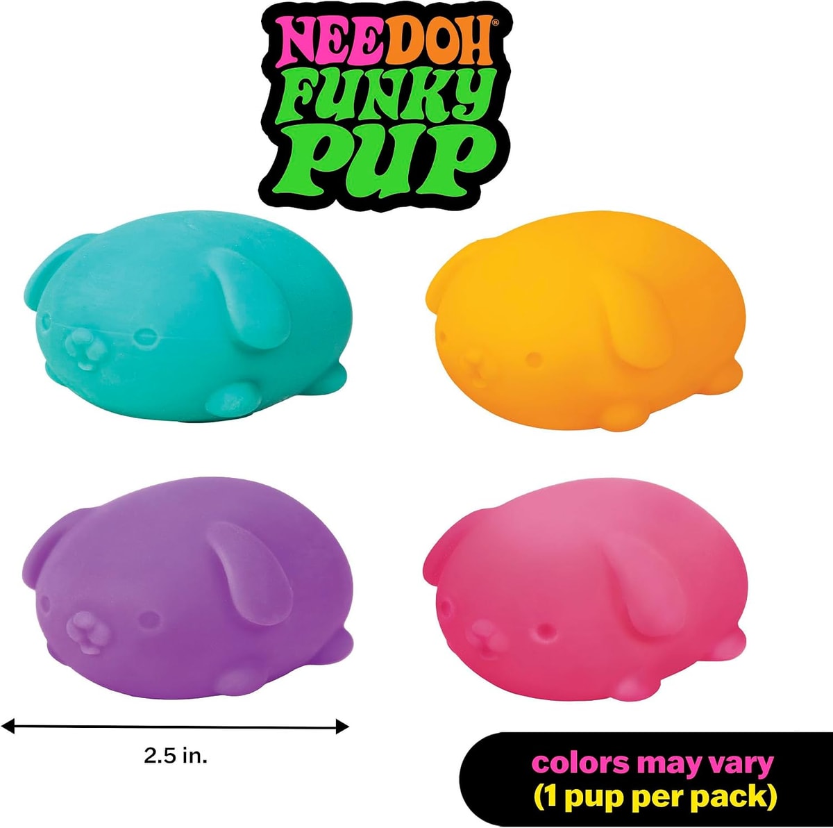 NeeDoh Funky Pups — pup colors and size illustration