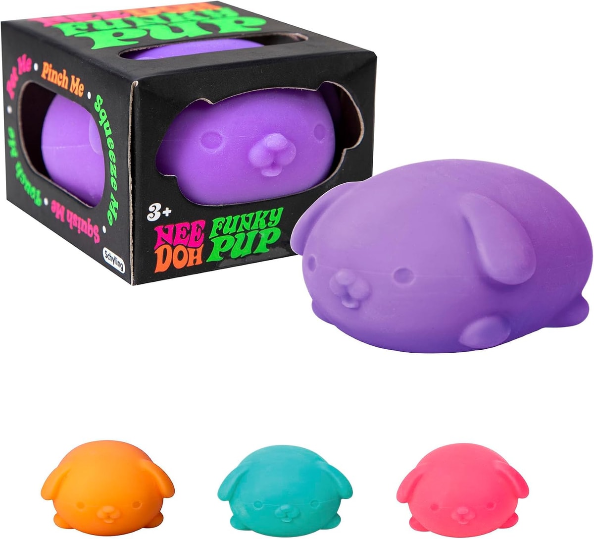 NeeDoh Funky Pups — boxed purple pup and color options