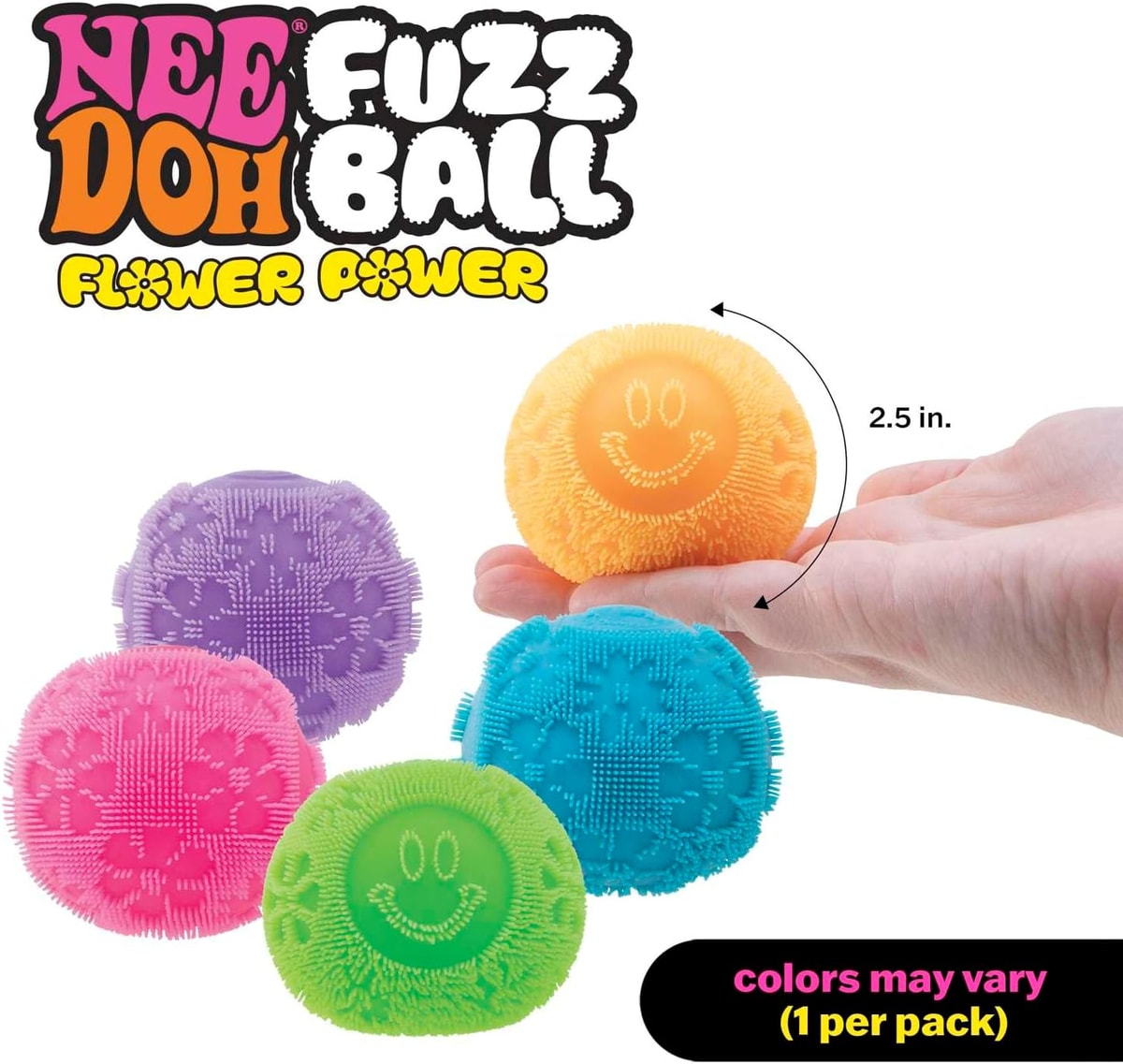 NeeDoh Fuzz Ball Flower Power — color options and size illustration