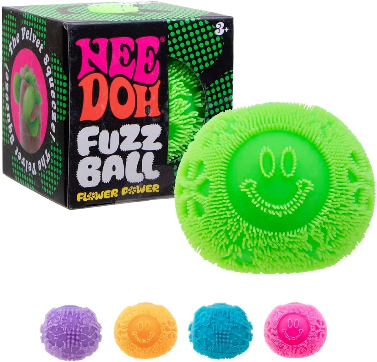 NeeDoh Fuzz Ball Flower Power — boxed green ball and color options