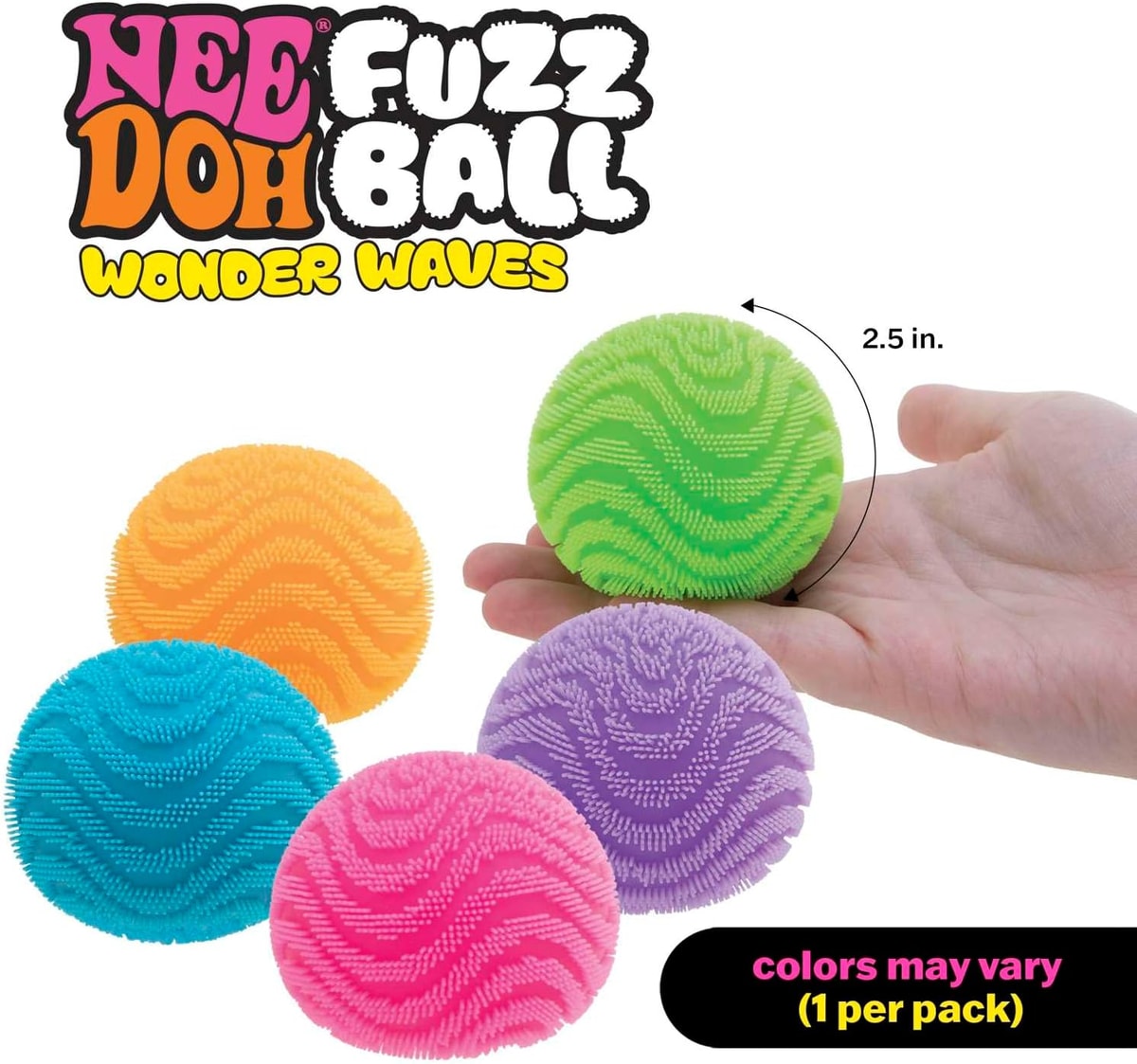 NeeDoh Fuzz Ball Wonder Waves — color options and size illustration