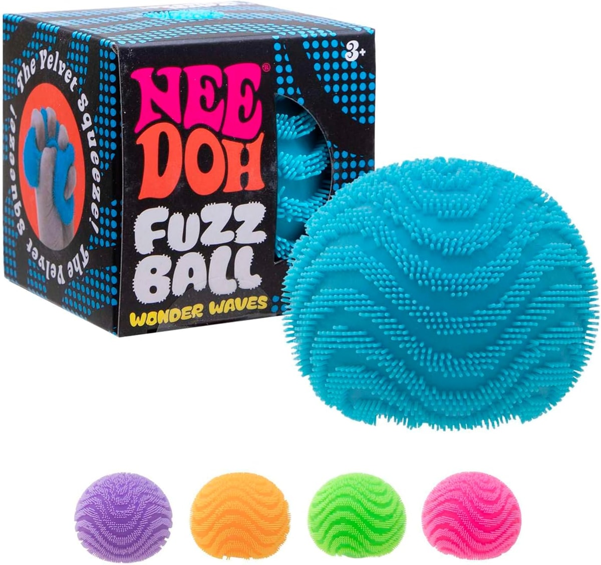 NeeDoh Fuzz Ball Wonder Waves — boxed blue ball and color options