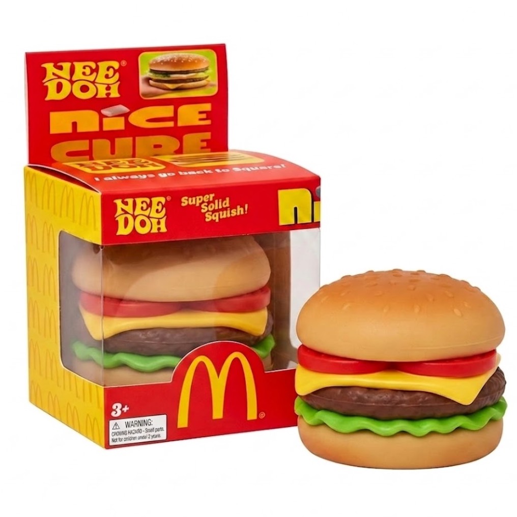 Cheeseburger squishy with molded layers next to its McDonald's Nice Cube box
