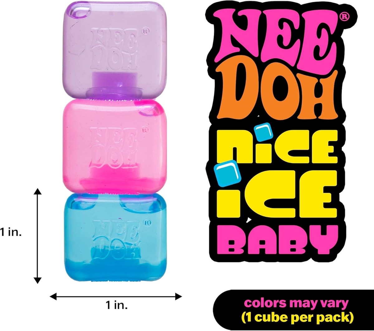 NeeDoh Nice Ice Baby — stacked cubes and size illustration