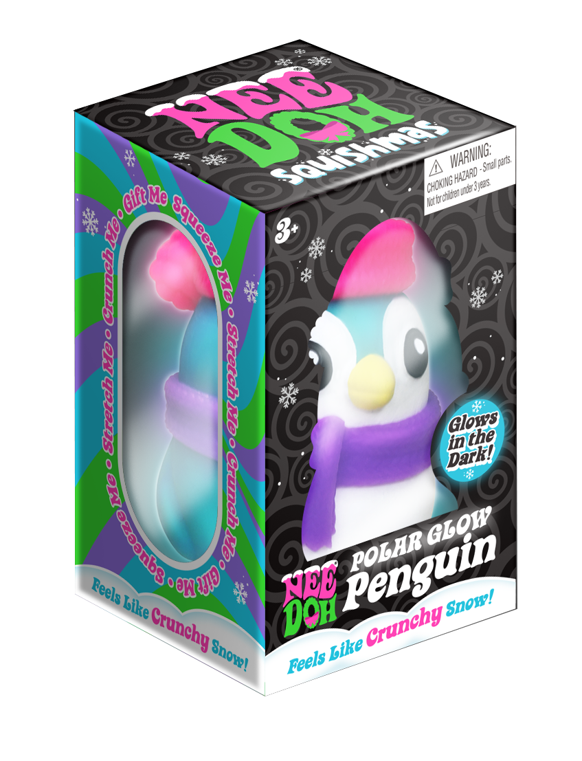 NeeDoh Polar Glow Penguin glow-in-the-dark penguin squish with scarf and hat