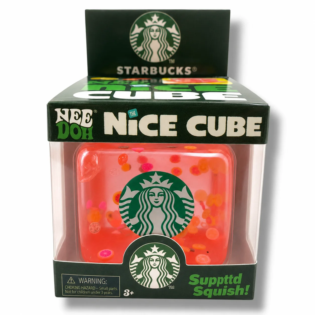Starbucks NeeDoh style pink cube in a dark green Nice Cube box
