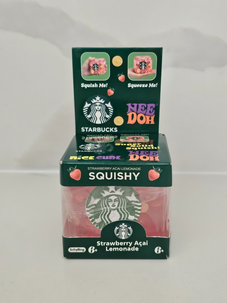 Boxed Starbucks NeeDoh squishy with the Strawberry Acai Lemonade label