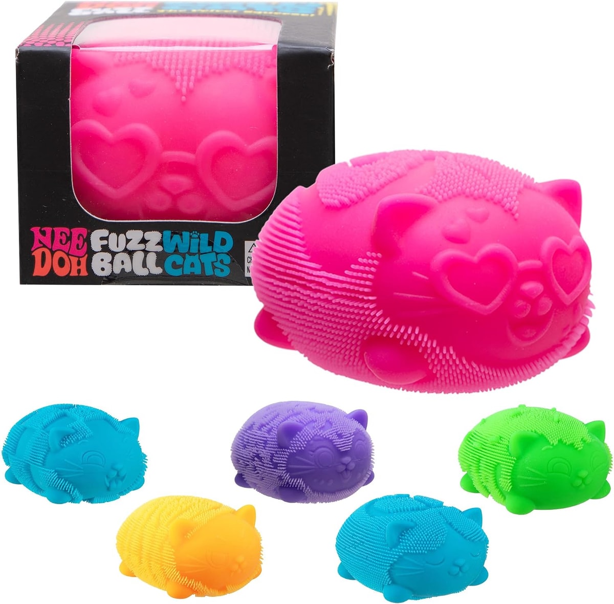 NeeDoh Wild Cats Fuzz Ball — boxed pink cat and color options