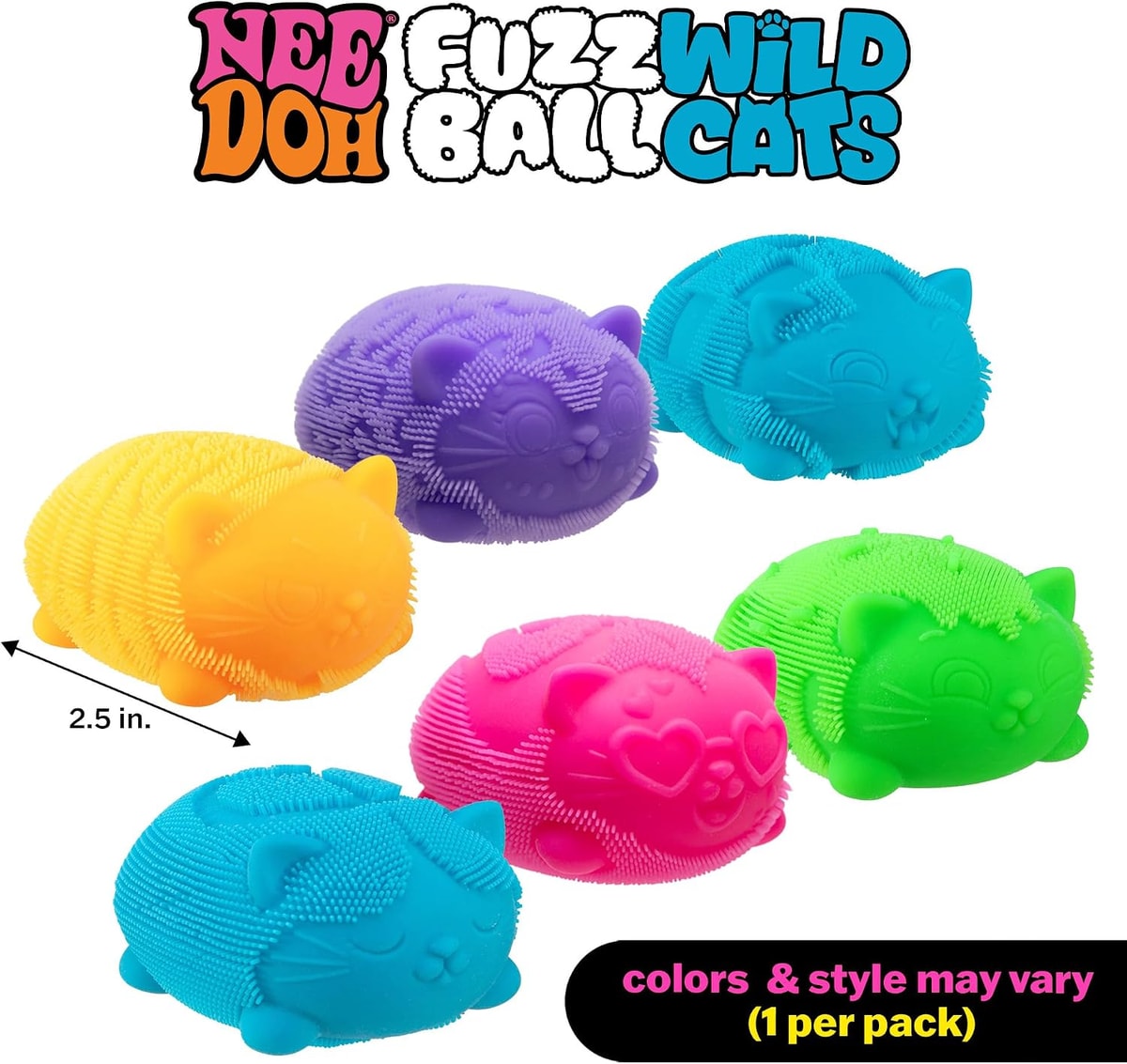 NeeDoh Wild Cats Fuzz Ball — cat designs and size illustration